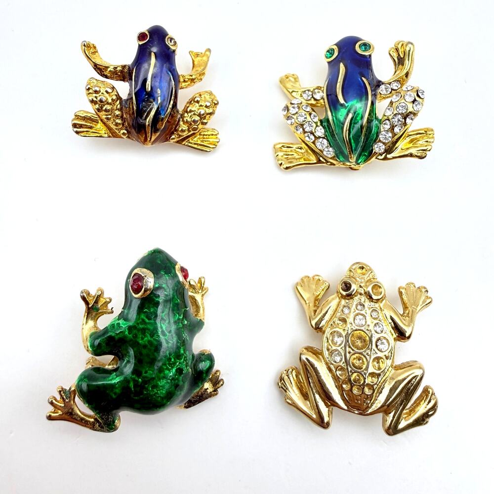 Lot of 4 Vintage Frog Brooches Green Blue Enamel Crystal Gold Tone Small